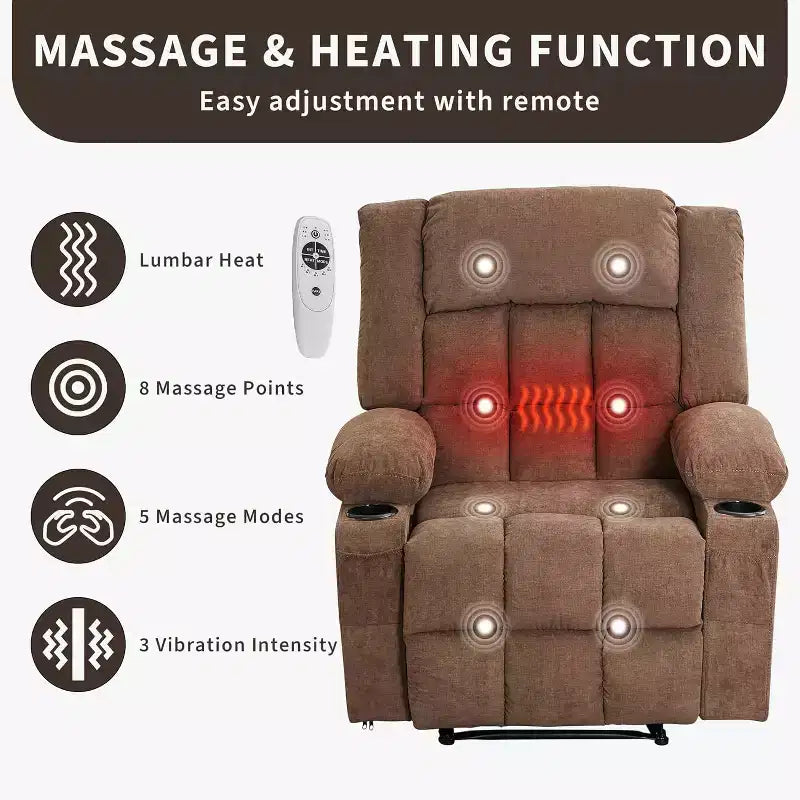 Fauteuil inclinable massant et chauffant surdimensionné avec télécommande, 3 positions réglables, porte-gobelets et support lombaire pour grandes tailles