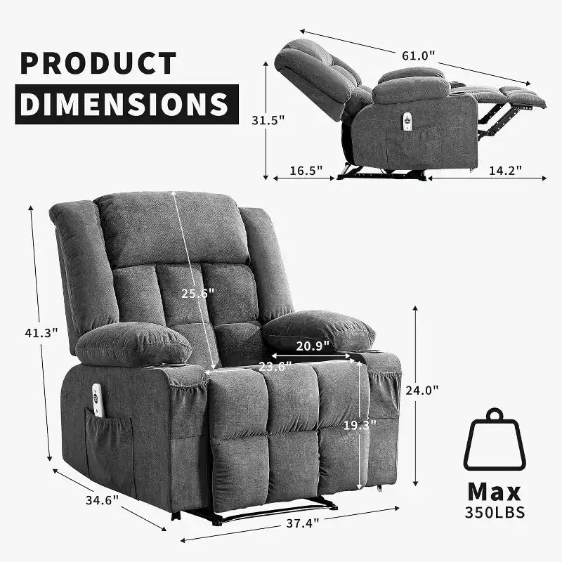 Fauteuil inclinable massant et chauffant surdimensionné avec télécommande, 3 positions réglables, porte-gobelets et support lombaire pour grandes tailles