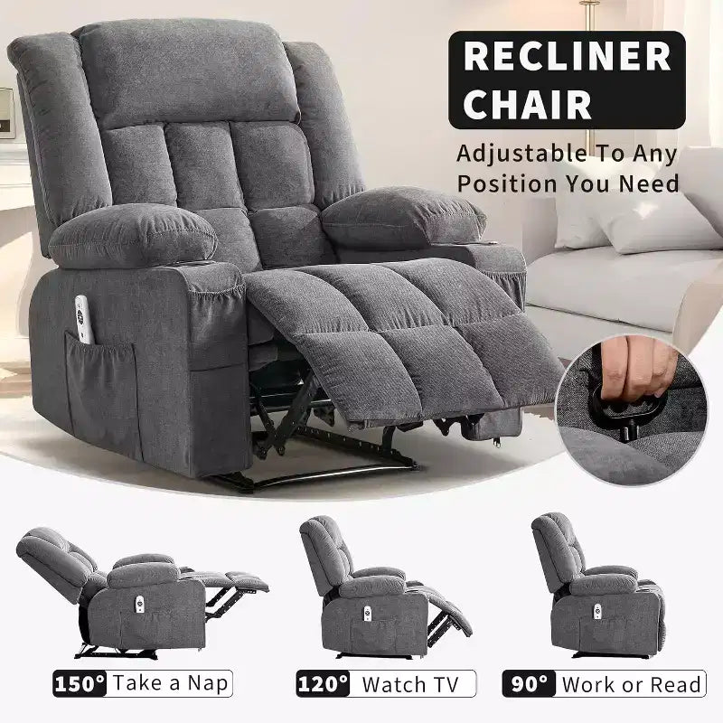 Fauteuil inclinable massant et chauffant surdimensionné avec télécommande, 3 positions réglables, porte-gobelets et support lombaire pour grandes tailles