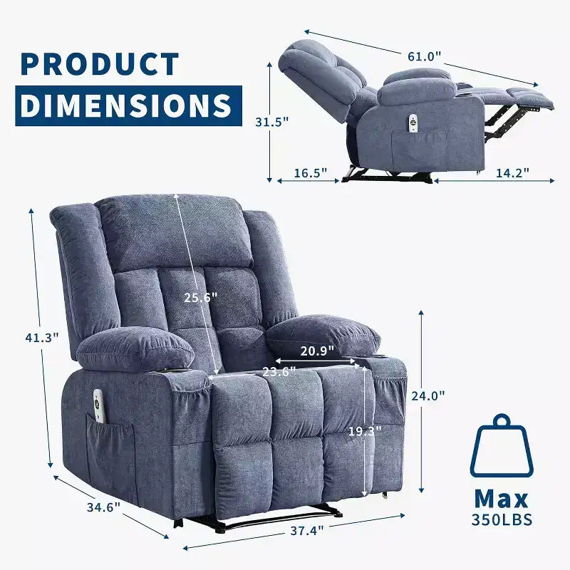Fauteuil inclinable massant et chauffant surdimensionné avec télécommande, 3 positions réglables, porte-gobelets et support lombaire pour grandes tailles