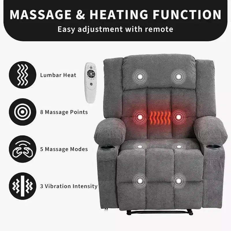 Fauteuil inclinable massant et chauffant surdimensionné avec télécommande, 3 positions réglables, porte-gobelets et support lombaire pour grandes tailles