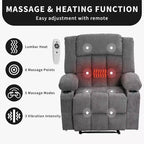 Fauteuil inclinable massant et chauffant surdimensionné avec télécommande, 3 positions réglables, porte-gobelets et support lombaire pour grandes tailles