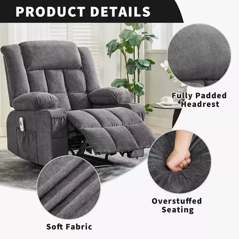 Fauteuil inclinable massant et chauffant surdimensionné avec télécommande, 3 positions réglables, porte-gobelets et support lombaire pour grandes tailles