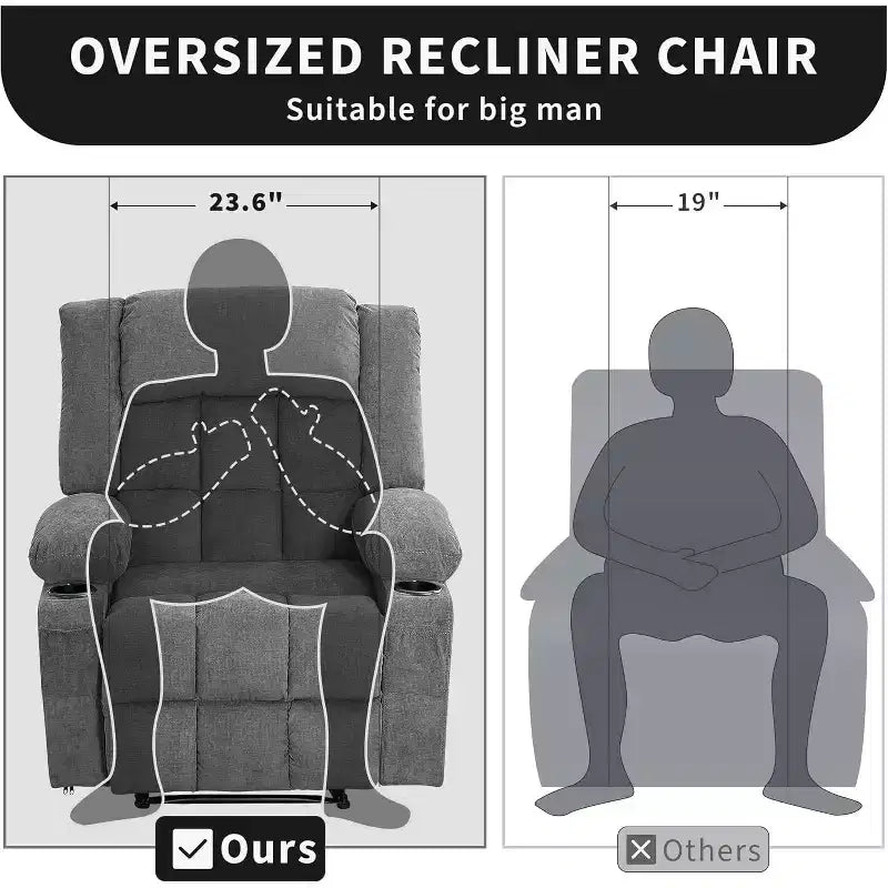 Fauteuil inclinable massant et chauffant surdimensionné avec télécommande, 3 positions réglables, porte-gobelets et support lombaire pour grandes tailles