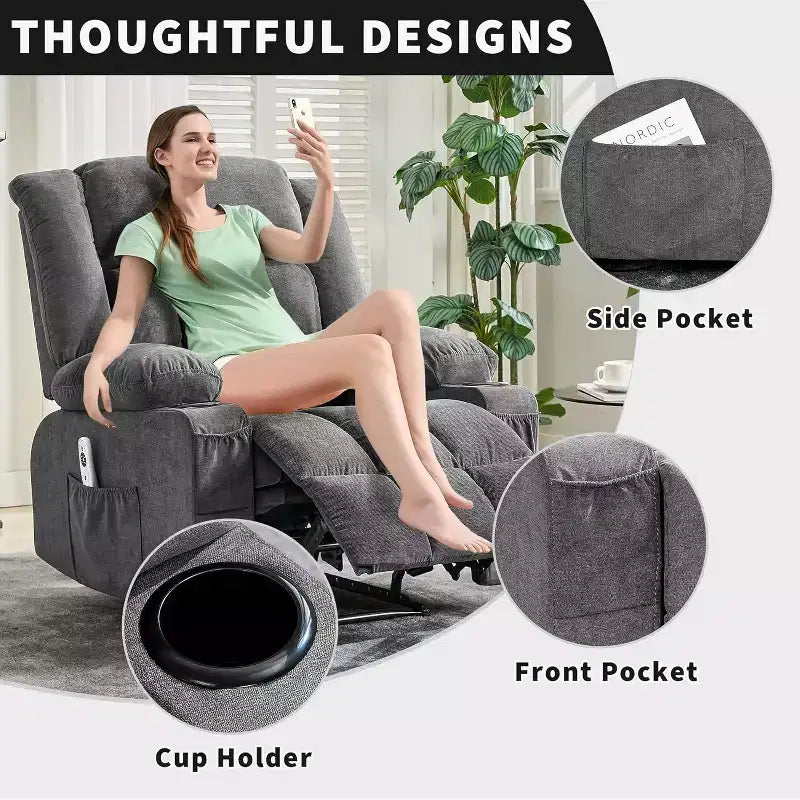 Fauteuil inclinable massant et chauffant surdimensionné avec télécommande, 3 positions réglables, porte-gobelets et support lombaire pour grandes tailles