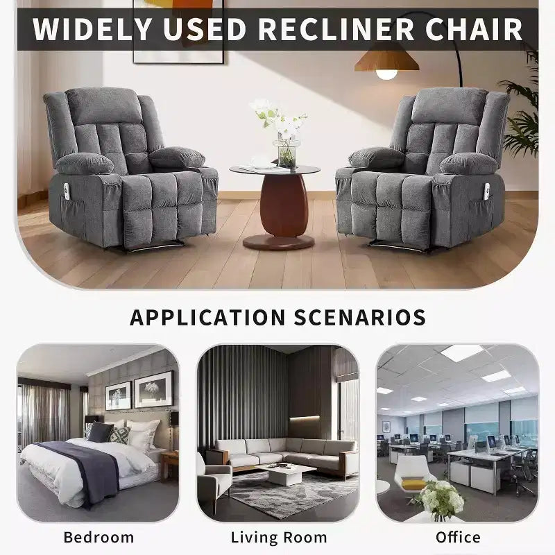 Fauteuil inclinable massant et chauffant surdimensionné avec télécommande, 3 positions réglables, porte-gobelets et support lombaire pour grandes tailles