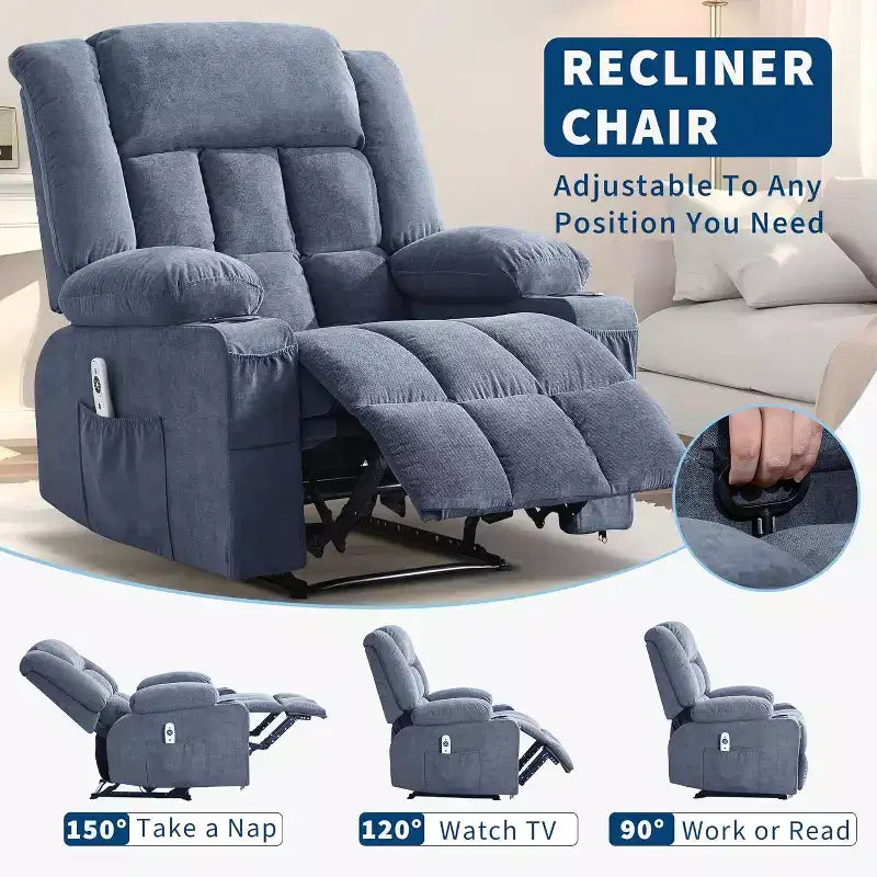 Fauteuil inclinable massant et chauffant surdimensionné avec télécommande, 3 positions réglables, porte-gobelets et support lombaire pour grandes tailles