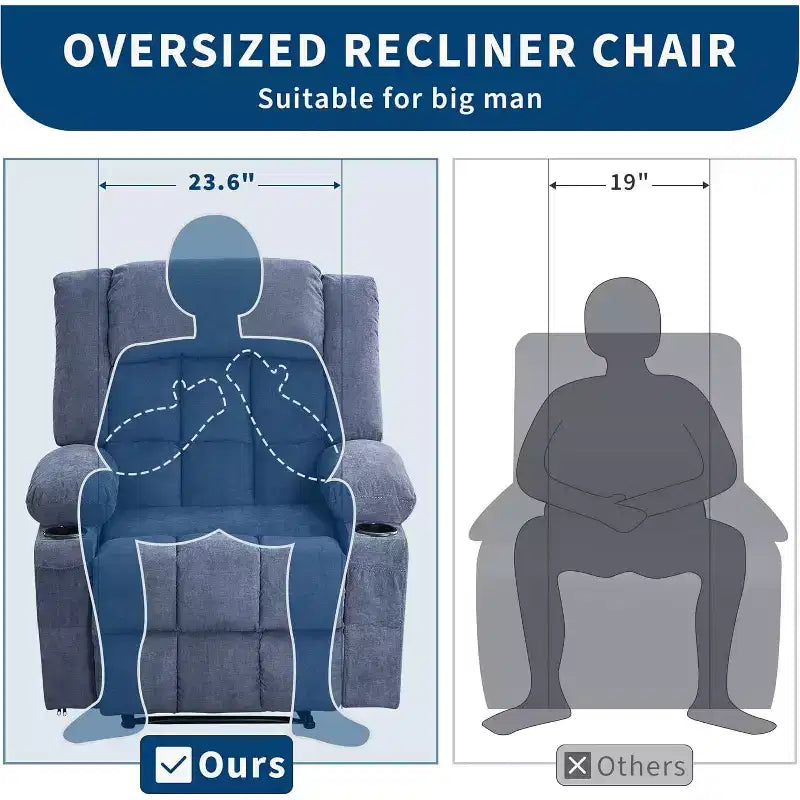 Fauteuil inclinable massant et chauffant surdimensionné avec télécommande, 3 positions réglables, porte-gobelets et support lombaire pour grandes tailles