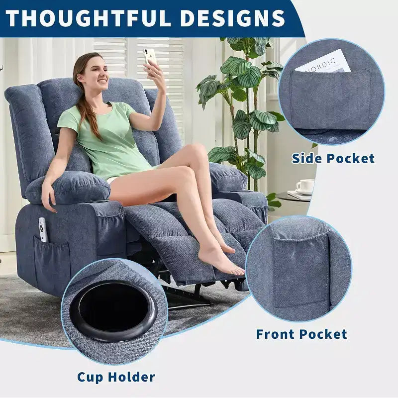 Fauteuil inclinable massant et chauffant surdimensionné avec télécommande, 3 positions réglables, porte-gobelets et support lombaire pour grandes tailles
