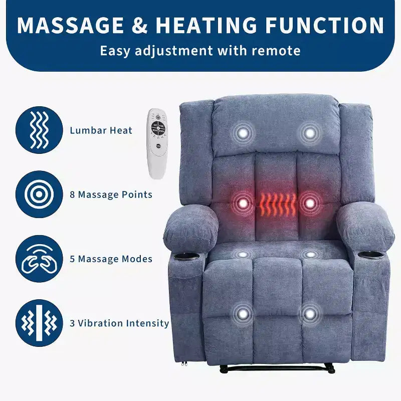 Fauteuil inclinable massant et chauffant surdimensionné avec télécommande, 3 positions réglables, porte-gobelets et support lombaire pour grandes tailles