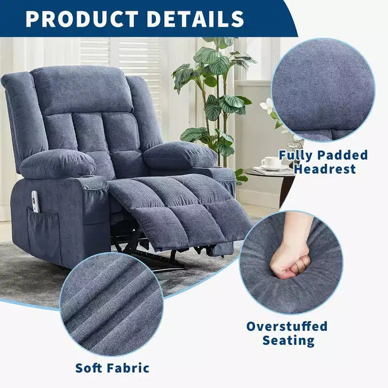 Fauteuil inclinable massant et chauffant surdimensionné avec télécommande, 3 positions réglables, porte-gobelets et support lombaire pour grandes tailles