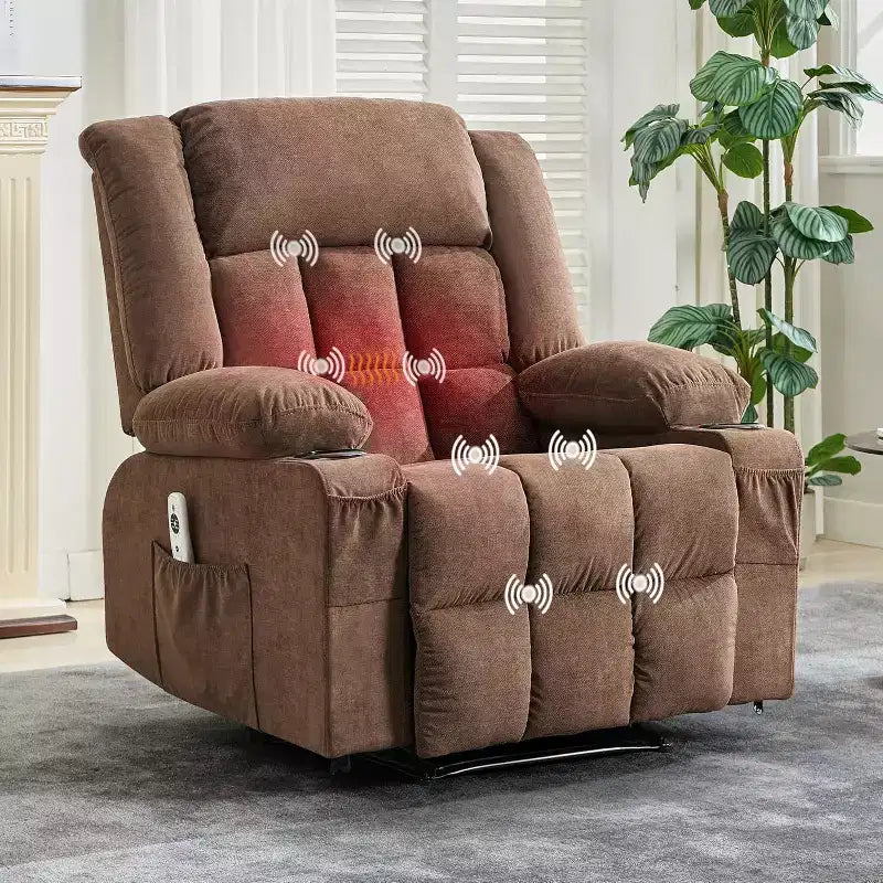 Fauteuil inclinable massant et chauffant surdimensionné avec télécommande, 3 positions réglables, porte-gobelets et support lombaire pour grandes tailles