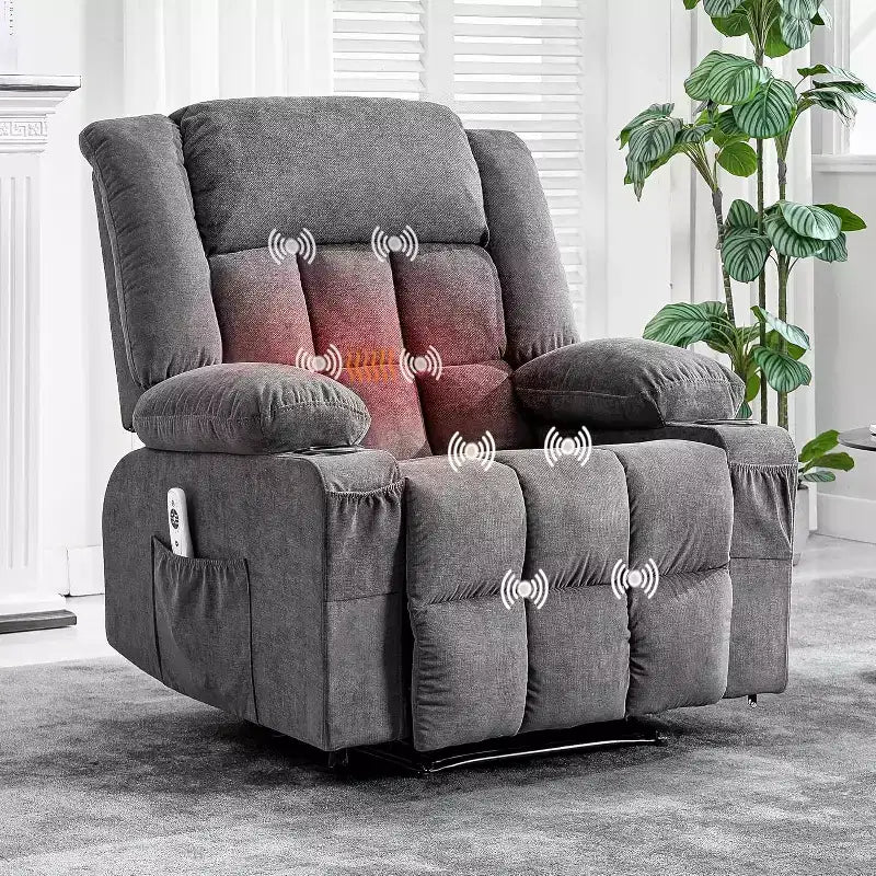 Fauteuil inclinable massant et chauffant surdimensionné avec télécommande, 3 positions réglables, porte-gobelets et support lombaire pour grandes tailles
