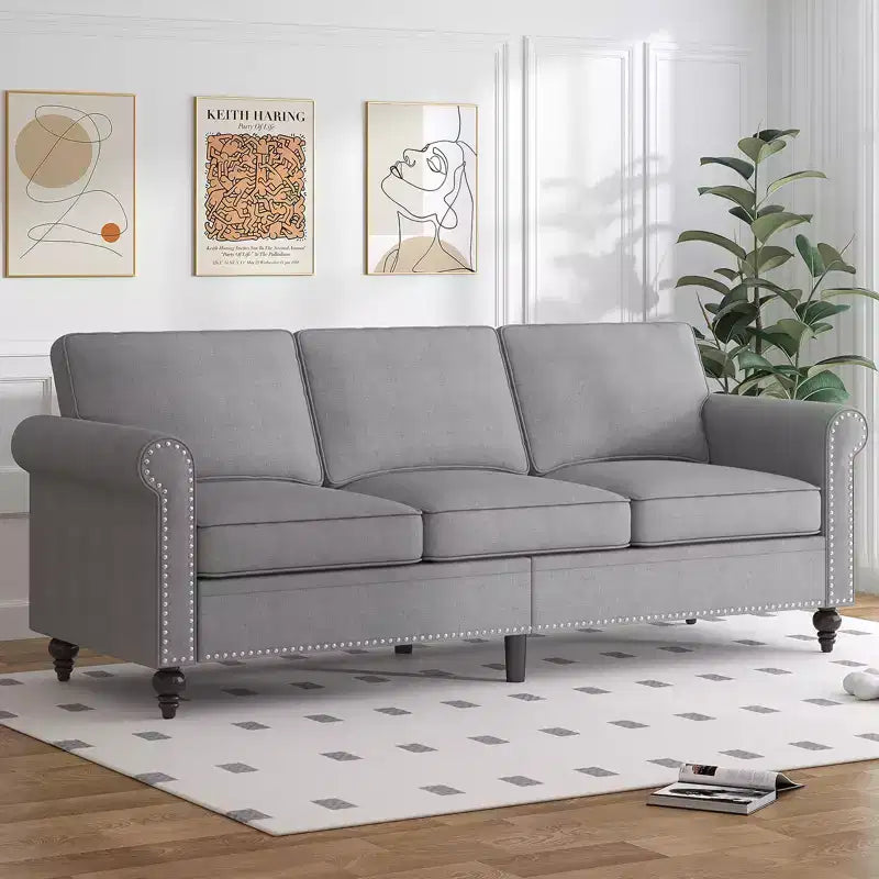 Canapé 3 places moderne en tissu de lin avec design à rivets