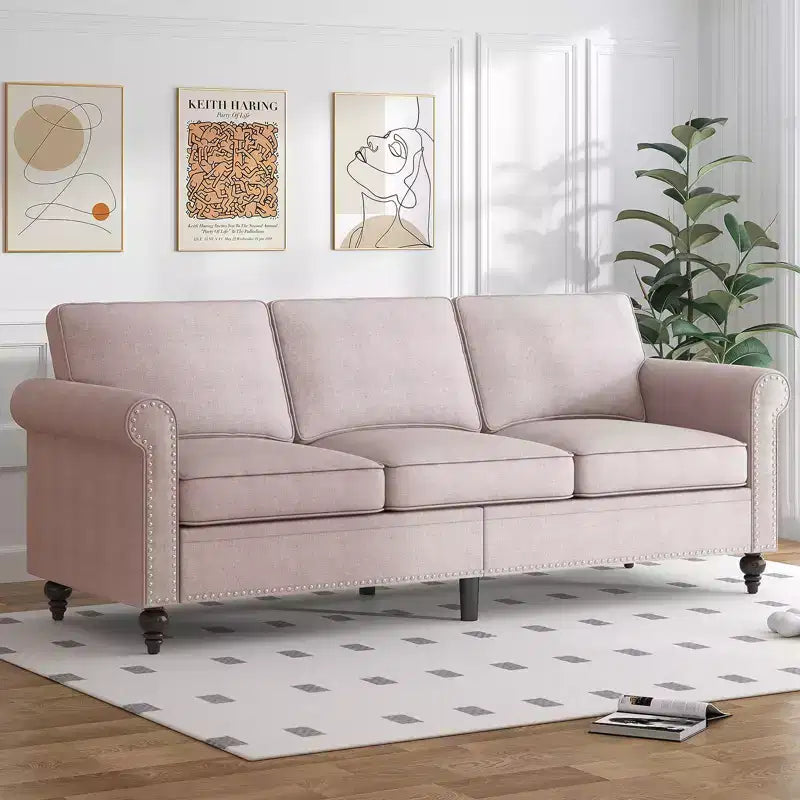 Canapé 3 places moderne en tissu de lin avec design à rivets