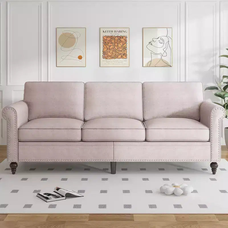 Mjkone Linen Fabric Modern 3-Seater Sofa Couch with Rivet Design