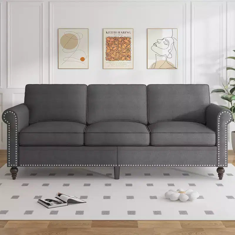 Canapé 3 places moderne en tissu de lin avec design à rivets
