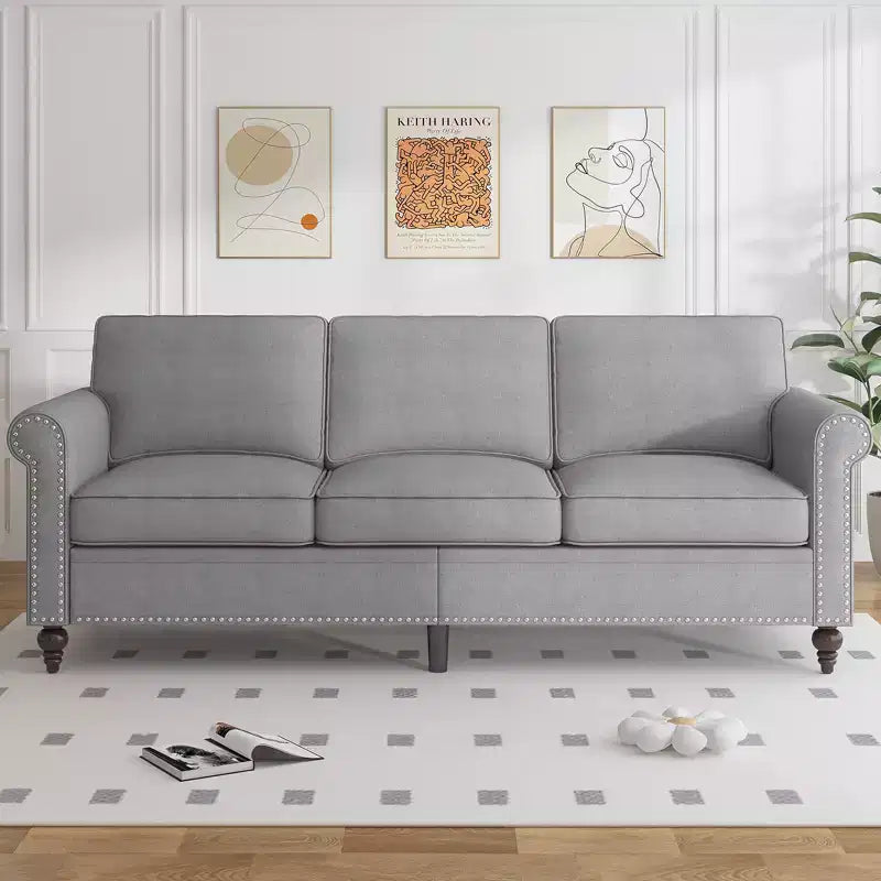 Canapé 3 places moderne en tissu de lin avec design à rivets