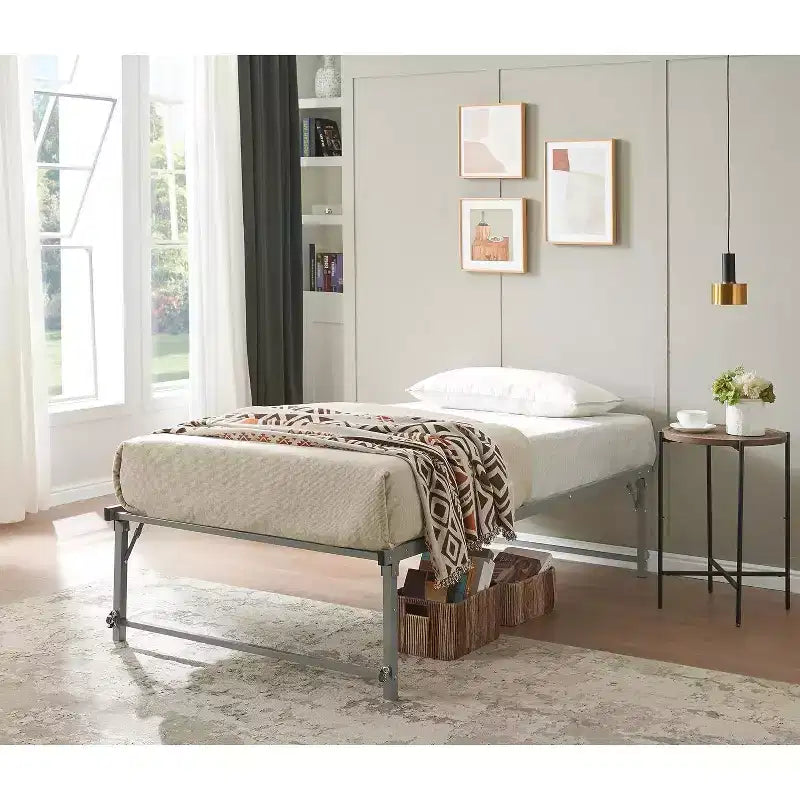 Twin Size Metal Pop up Trundle Day Bed Frame with Wheels- Sturdy and Elegant Space-Saving Solution