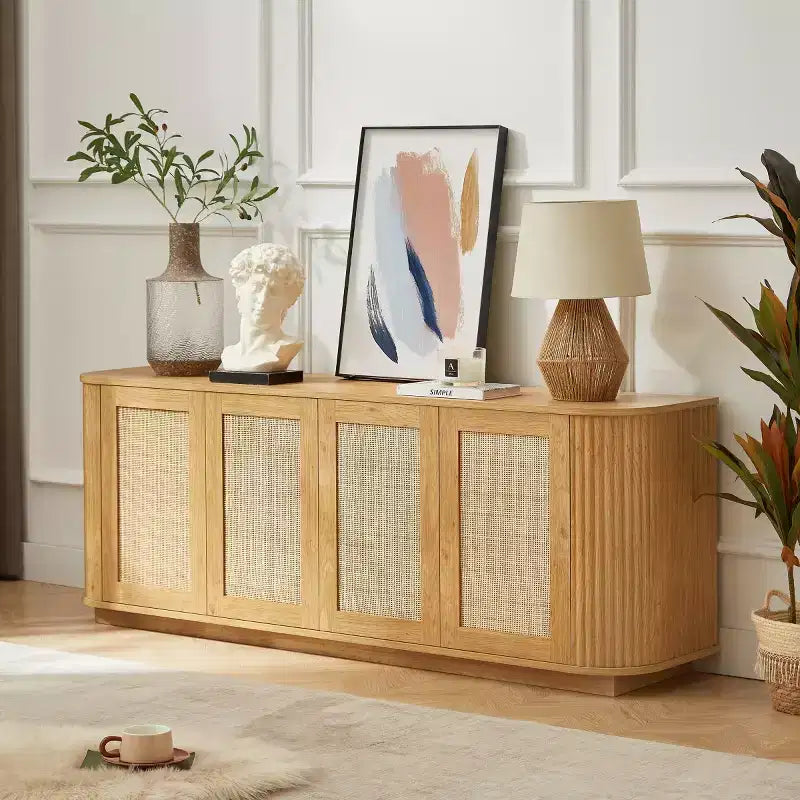 64 Japandi Rattan TV Stand, Media Console with Fluted Rounded Corners and 4 Cane Doors - Panipeachy