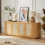 64 Japandi Rattan TV Stand, Media Console with Fluted Rounded Corners and 4 Cane Doors - Panipeachy