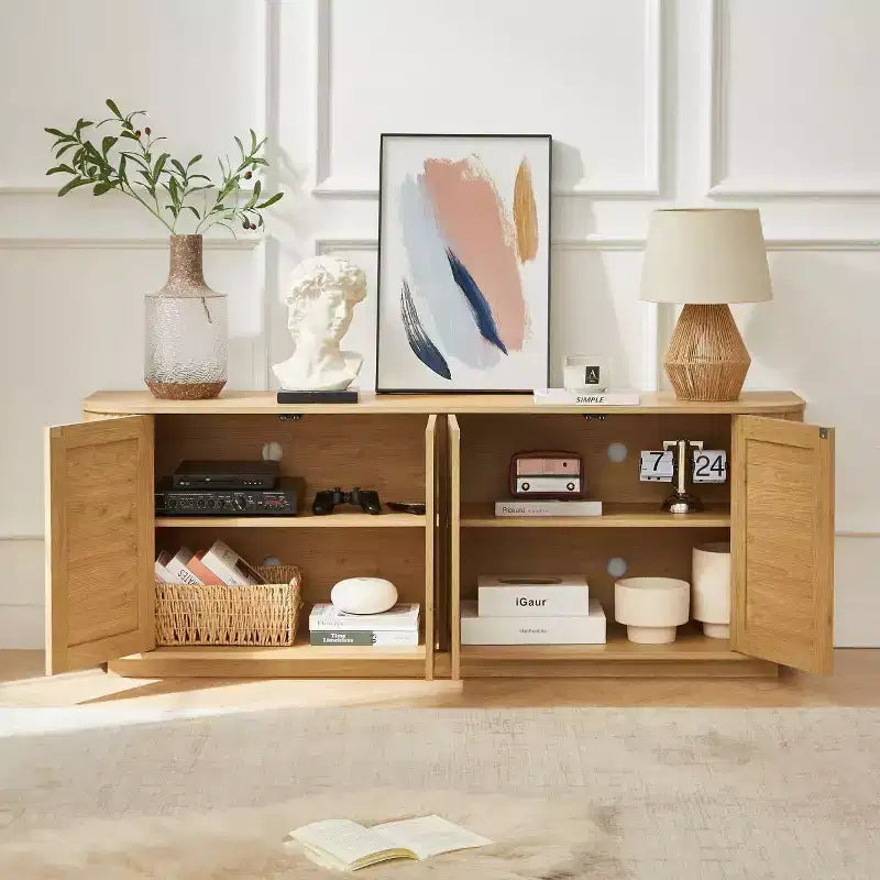 Meuble TV Japandi 64 po en rotin, console média avec coins arrondis cannelés et 4 portes en cannage