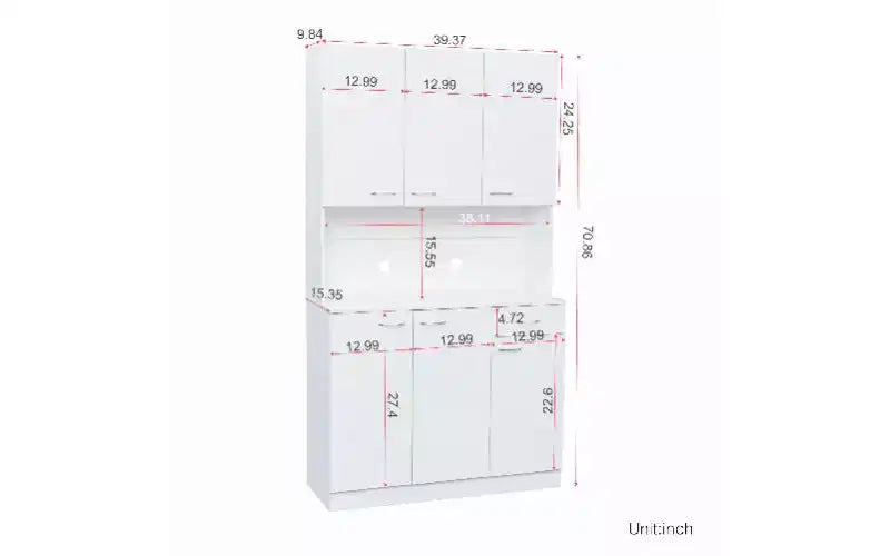 Meuble de rangement 6 portes, armoire et meuble de cuisine de 1,80 m de haut avec tiroir et étagère ouverte, meuble de cuisine et armoire de chambre en MDF