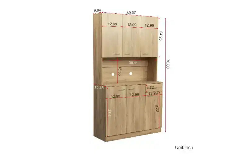 Meuble de rangement 6 portes, armoire et meuble de cuisine de 1,80 m de haut avec tiroir et étagère ouverte, meuble de cuisine et armoire de chambre en MDF