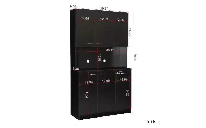 Meuble de rangement 6 portes, armoire et meuble de cuisine de 1,80 m de haut avec tiroir et étagère ouverte, meuble de cuisine et armoire de chambre en MDF