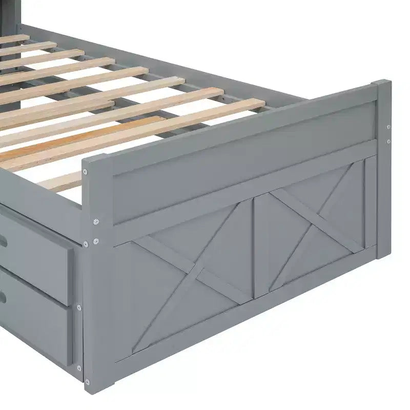 Lit double en bois, cadre de lit extensible avec lit gigogne double, tête de lit avec rangement, trois tiroirs