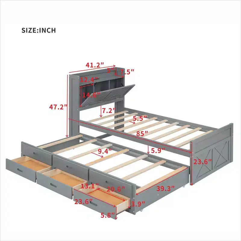Lit double en bois, cadre de lit extensible avec lit gigogne double, tête de lit avec rangement, trois tiroirs