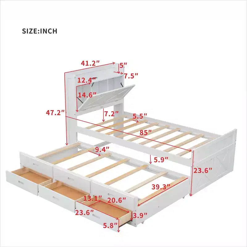 Lit double en bois, cadre de lit extensible avec lit gigogne double, tête de lit avec rangement, trois tiroirs