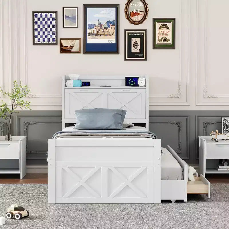 Lit double en bois, cadre de lit extensible avec lit gigogne double, tête de lit avec rangement, trois tiroirs