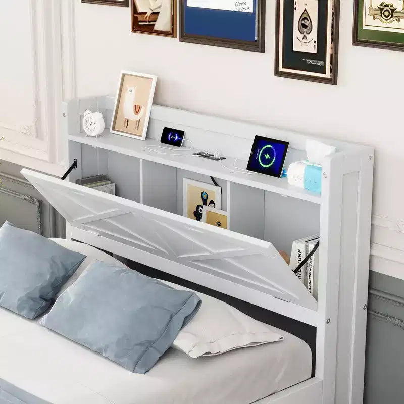 Lit double en bois, cadre de lit extensible avec lit gigogne double, tête de lit avec rangement, trois tiroirs