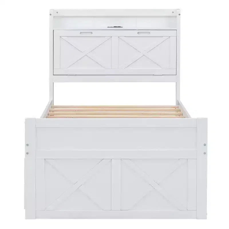 Lit double en bois, cadre de lit extensible avec lit gigogne double, tête de lit avec rangement, trois tiroirs