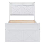 Lit double en bois, cadre de lit extensible avec lit gigogne double, tête de lit avec rangement, trois tiroirs
