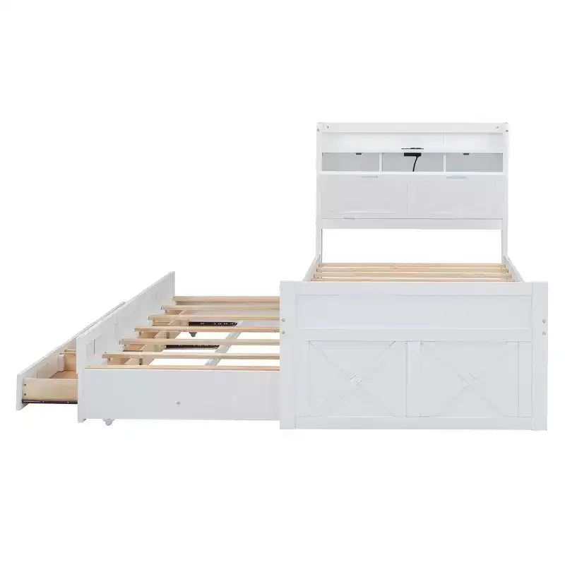 Lit double en bois, cadre de lit extensible avec lit gigogne double, tête de lit avec rangement, trois tiroirs
