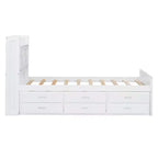 Lit double en bois, cadre de lit extensible avec lit gigogne double, tête de lit avec rangement, trois tiroirs