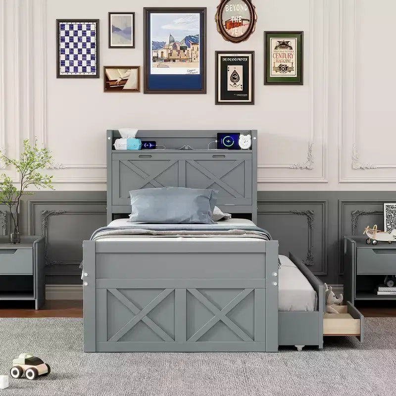 Lit double en bois, cadre de lit extensible avec lit gigogne double, tête de lit avec rangement, trois tiroirs