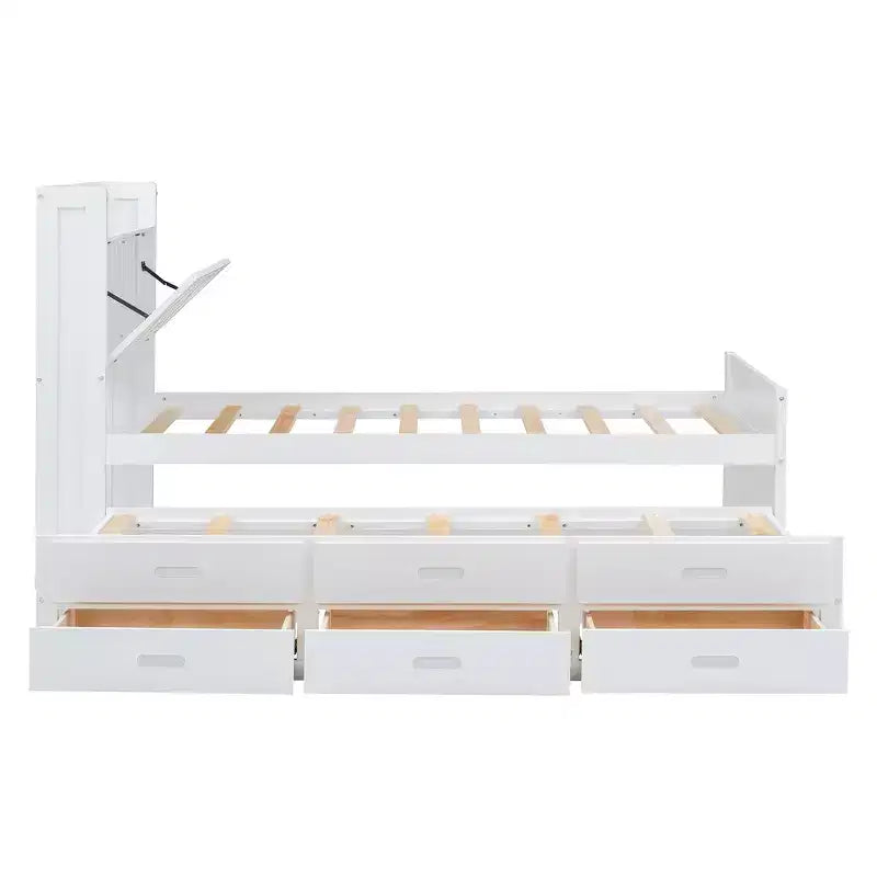 Lit double en bois, cadre de lit extensible avec lit gigogne double, tête de lit avec rangement, trois tiroirs