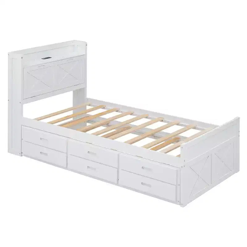 Lit double en bois, cadre de lit extensible avec lit gigogne double, tête de lit avec rangement, trois tiroirs