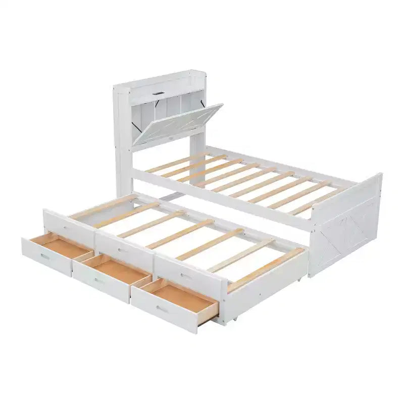 Lit double en bois, cadre de lit extensible avec lit gigogne double, tête de lit avec rangement, trois tiroirs