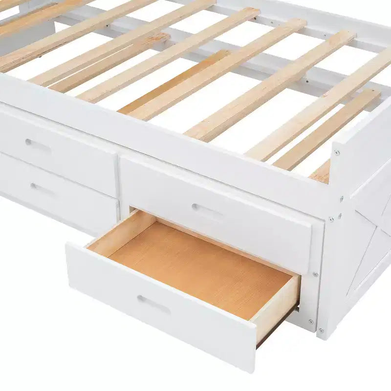 Lit double en bois, cadre de lit extensible avec lit gigogne double, tête de lit avec rangement, trois tiroirs
