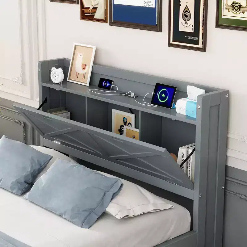 Lit double en bois, cadre de lit extensible avec lit gigogne double, tête de lit avec rangement, trois tiroirs