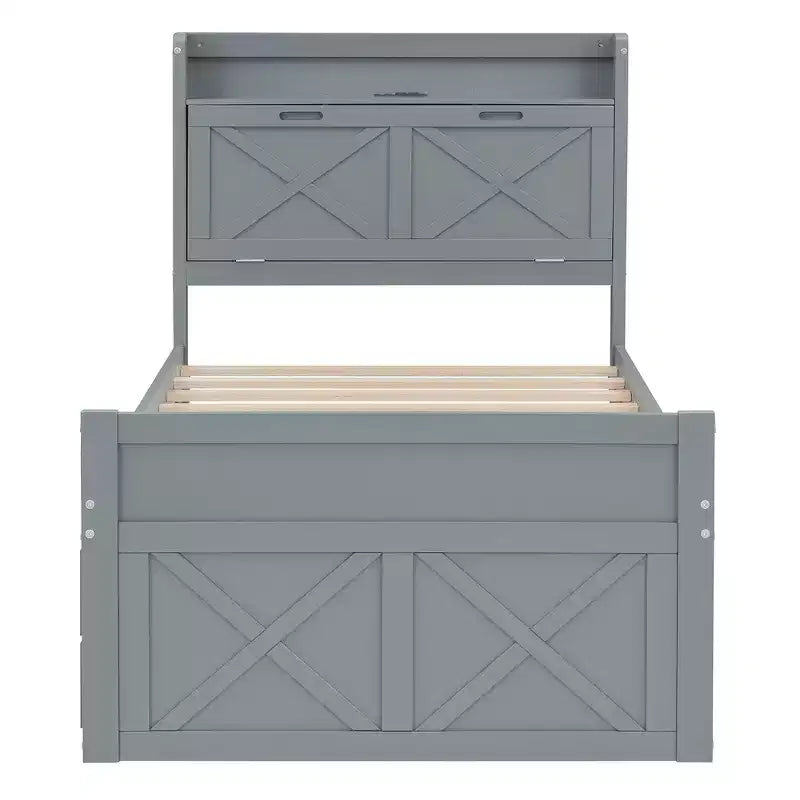 Lit double en bois, cadre de lit extensible avec lit gigogne double, tête de lit avec rangement, trois tiroirs