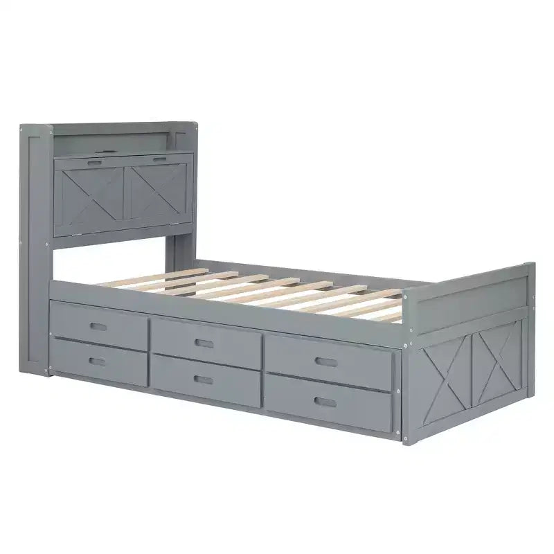 Lit double en bois, cadre de lit extensible avec lit gigogne double, tête de lit avec rangement, trois tiroirs