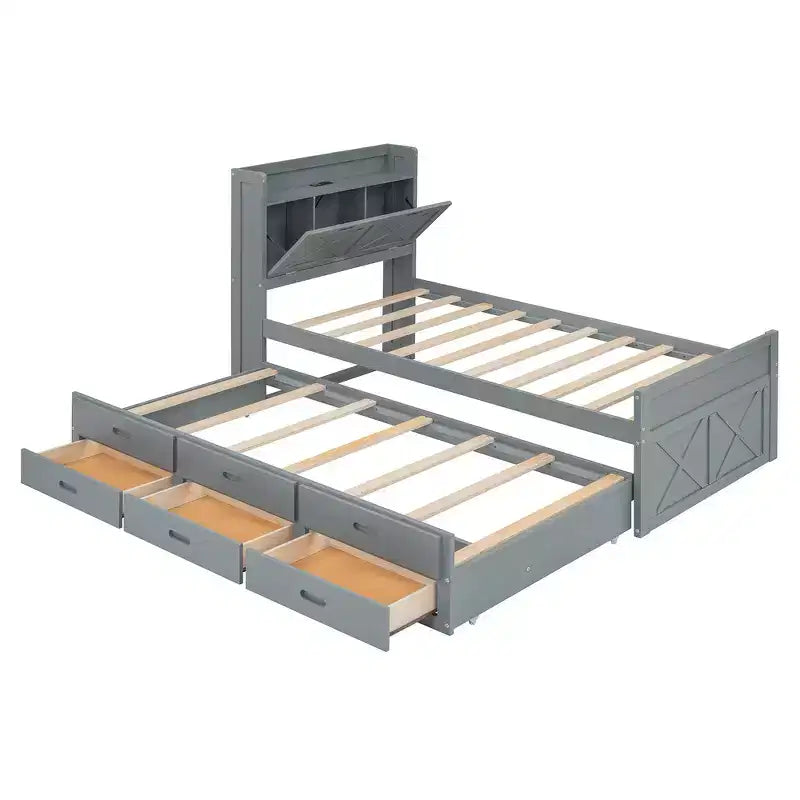 Lit double en bois, cadre de lit extensible avec lit gigogne double, tête de lit avec rangement, trois tiroirs