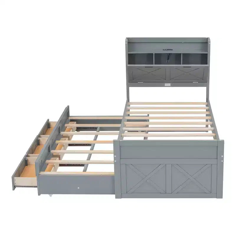Lit double en bois, cadre de lit extensible avec lit gigogne double, tête de lit avec rangement, trois tiroirs