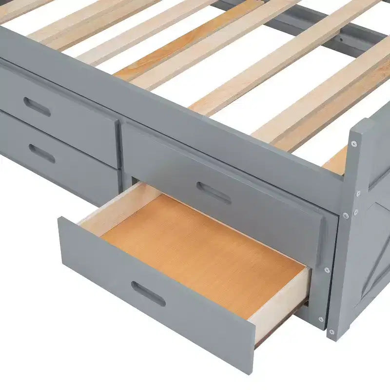 Lit double en bois, cadre de lit extensible avec lit gigogne double, tête de lit avec rangement, trois tiroirs