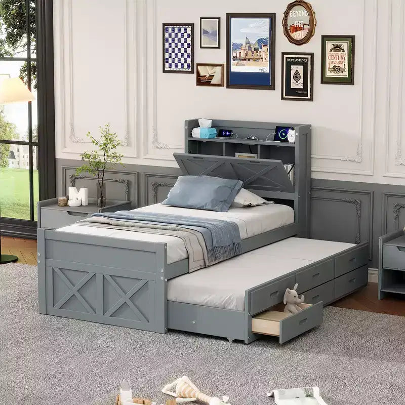 Lit double en bois, cadre de lit extensible avec lit gigogne double, tête de lit avec rangement, trois tiroirs